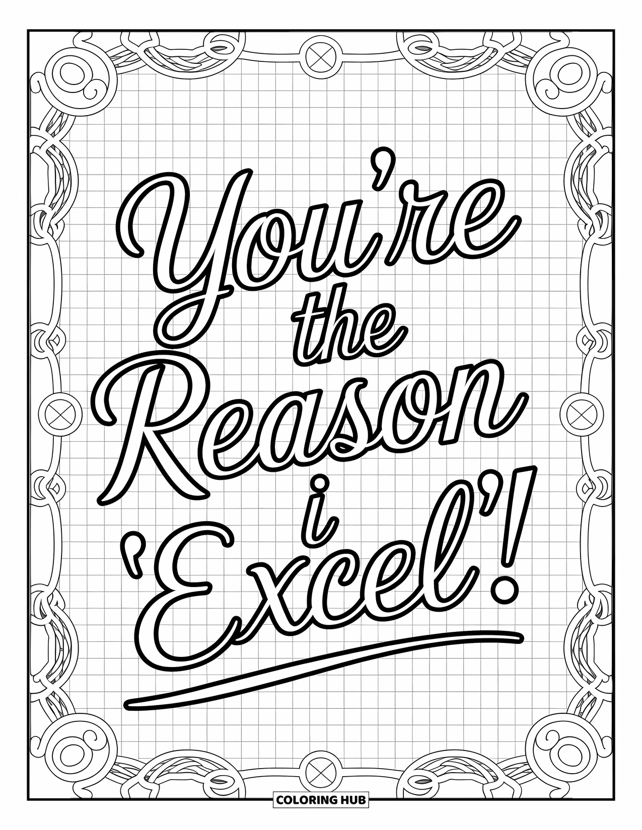 Teacher Appreciation Coloring Page for Adults: Graph-paper design meets elegant lettering and techy doodles