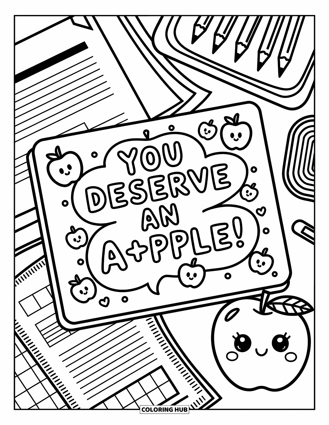 Teacher Appreciation Coloring Page for Adults: Lunch tray and doodles surround the sweet note "You Deserve an A+pple!"