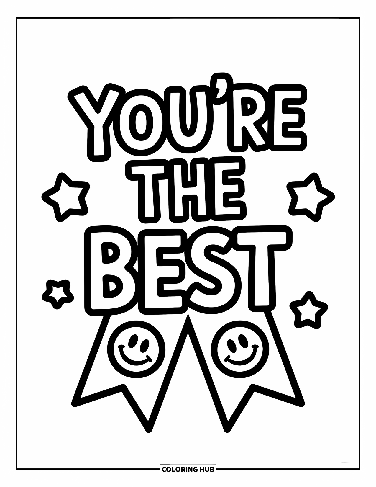 Teacher Appreciation Coloring Page for Kids: A bold ribbon and stars shout "You're the Best" for teacher appreciation