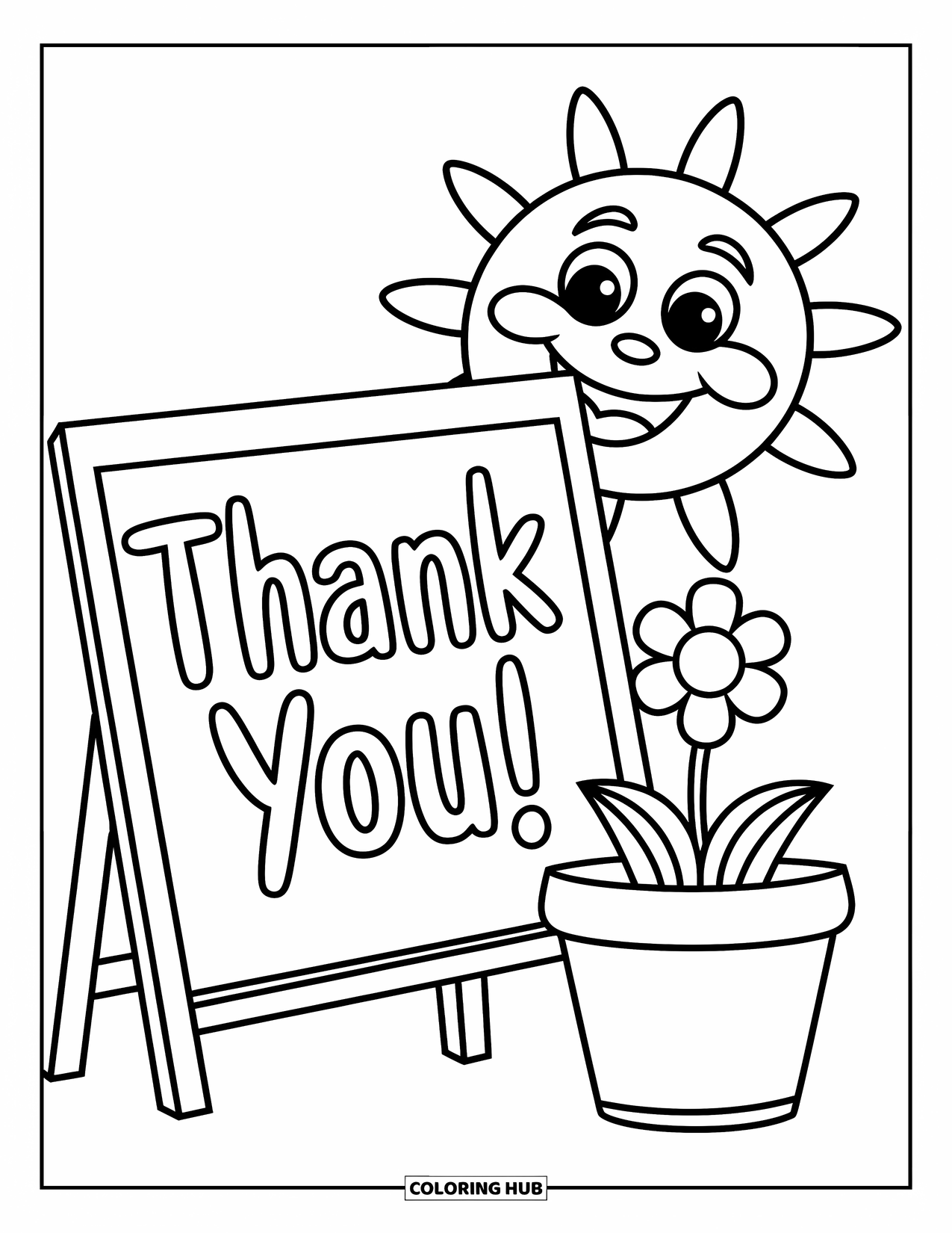 Teacher Appreciation Coloring Page for Kids: A chalkboard, flower pot, and beaming sun show the message "Thank You!"