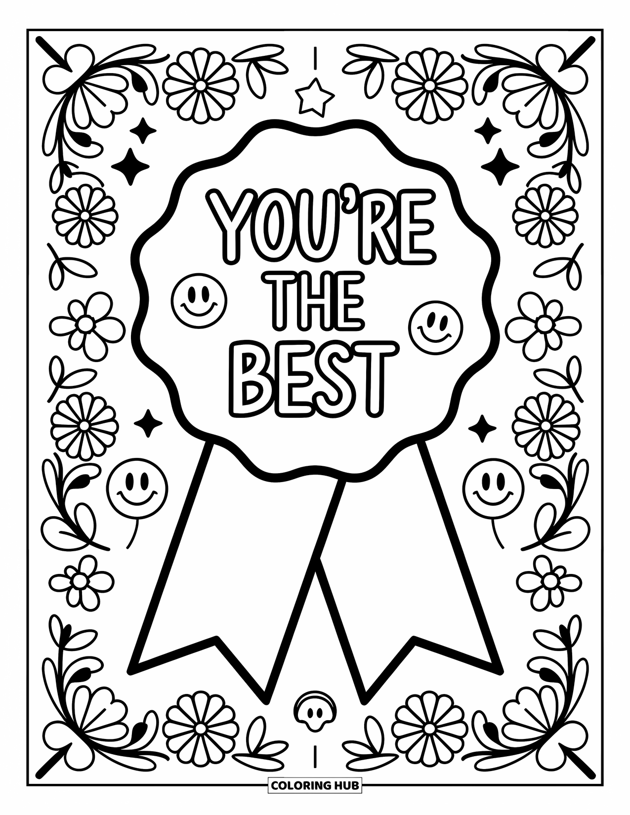 Teacher Appreciation Coloring Page for Kids: A floral ribbon scene proudly shows the words "You're the Best"