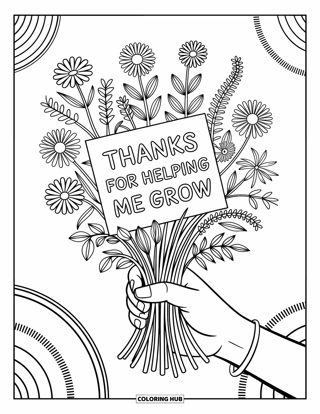Teacher Appreciation Coloring Page for Kids: A hand with a wildflower bunch holds a note that says "Thanks for Helping Me Grow"