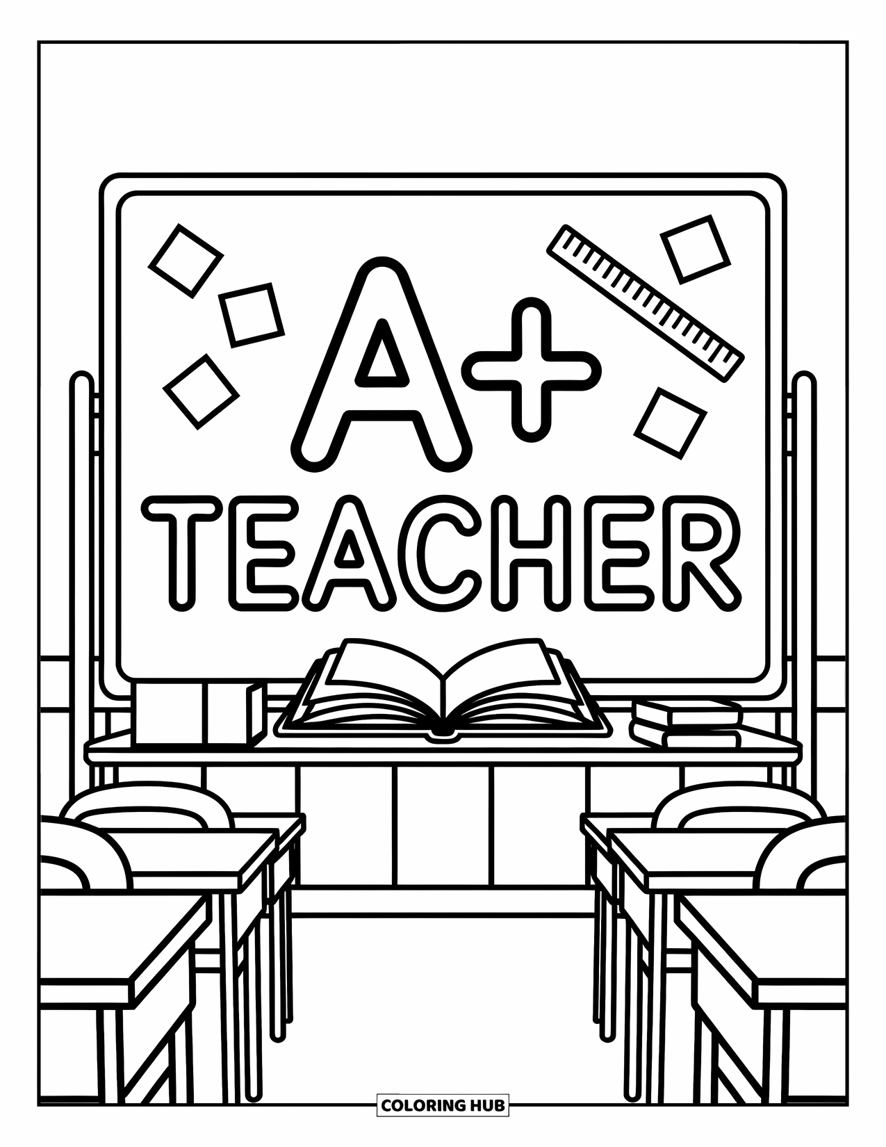 Teacher Appreciation Coloring Page for Kids: "A+ Teacher" pops on a board with books and geometric shapes