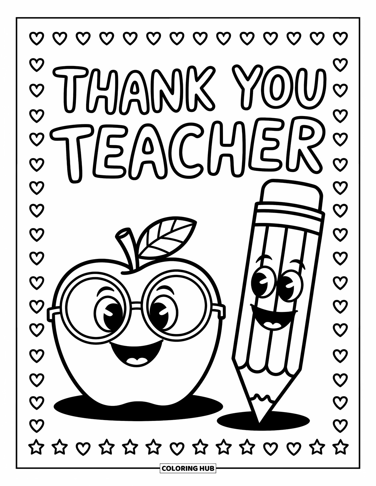 Teacher Appreciation Coloring Page for Kids: A smiling pencil and apple with glasses sit under "Thank You Teacher"