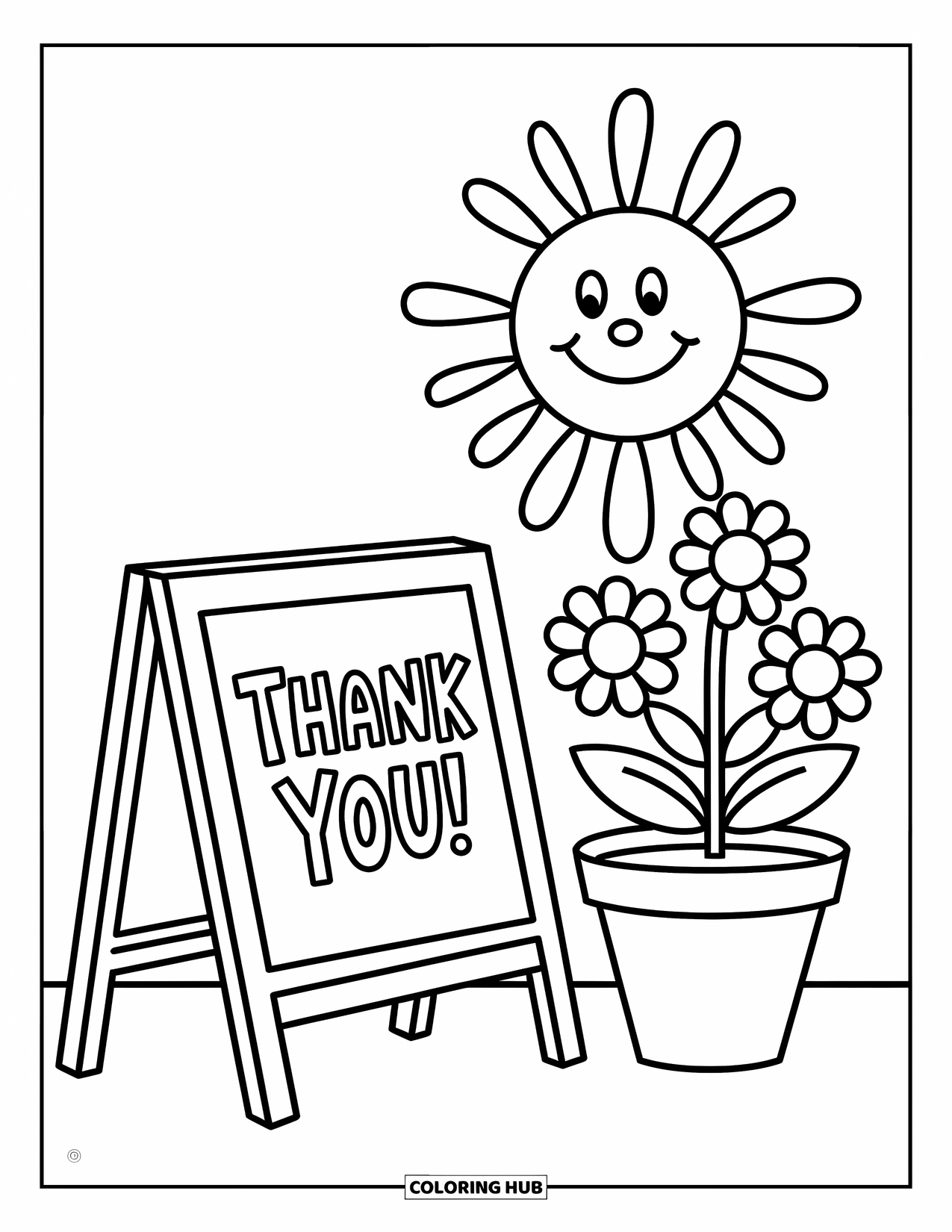 Teacher Appreciation Coloring Page for Kids: A smiling sun shines above a chalkboard and flower pot that says "Thank You!"