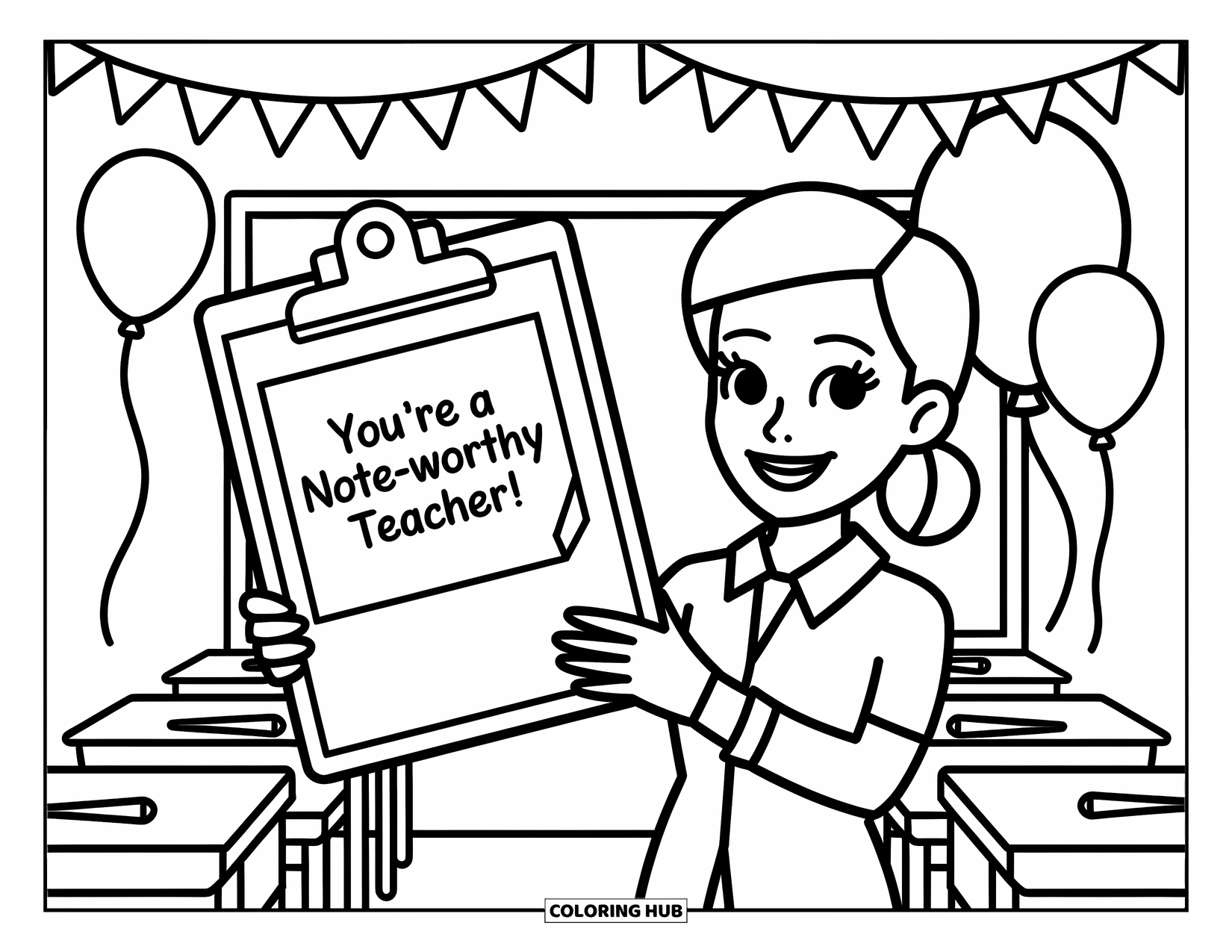 Teacher Appreciation Coloring Page for Kids: A smiling teacher holds a clipboard with "You're a Note-worthy Teacher!" on a sticky note
