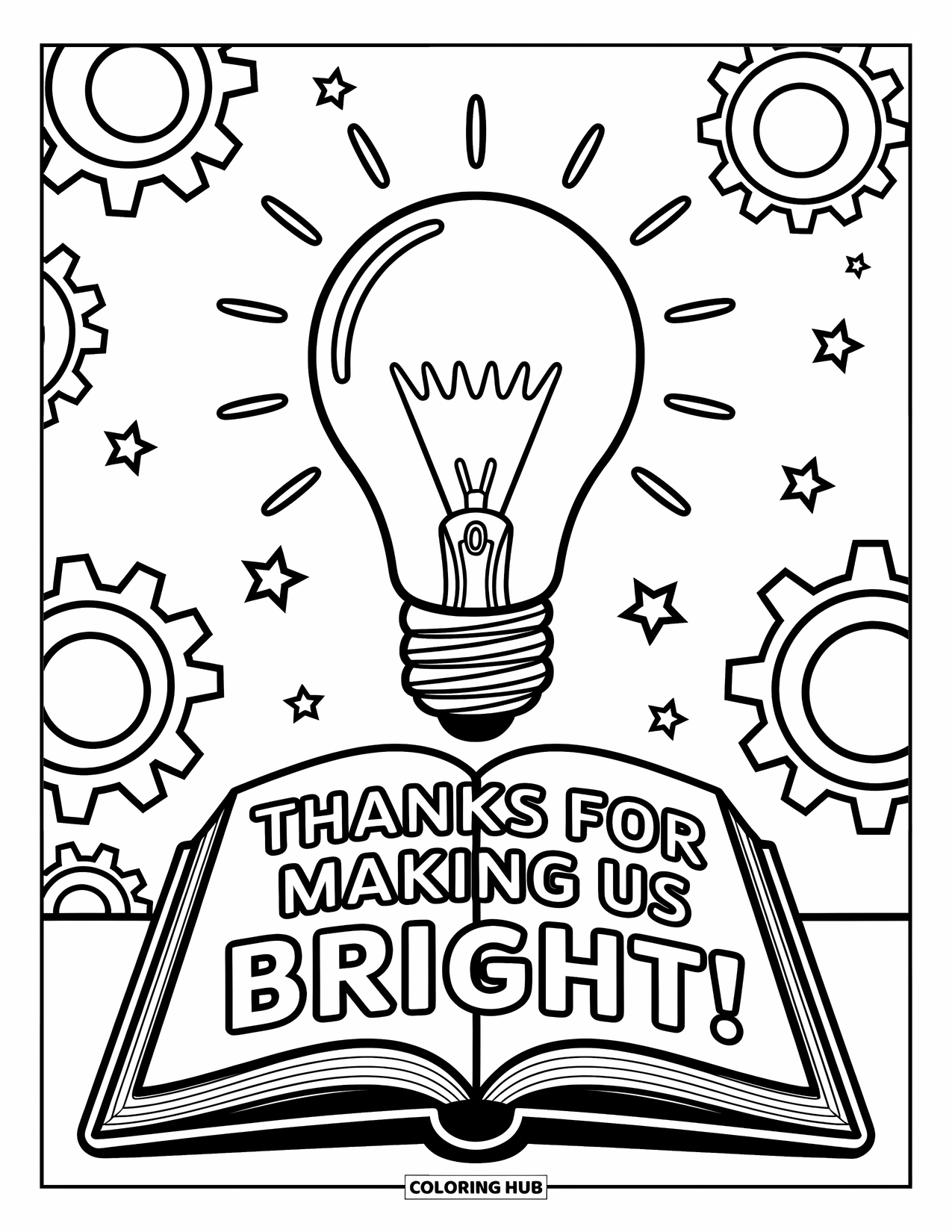 Teacher Appreciation Coloring Page for Kids: "Thanks for Making Us Bright!" shines above a playful scene of books and stars