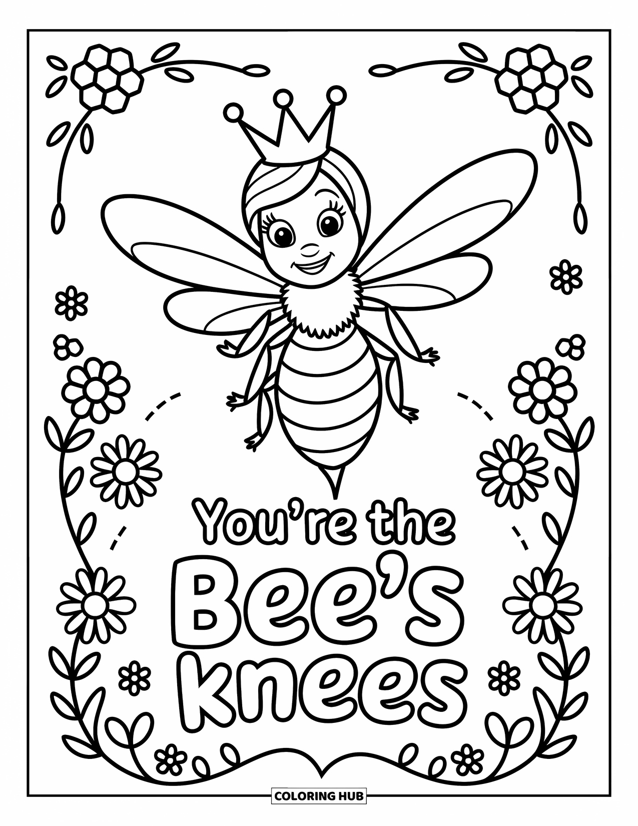 Teacher Appreciation Coloring Page for Kids: Whimsical bees and doodles surround the cheerful quote "You're the Bee's Knees!"