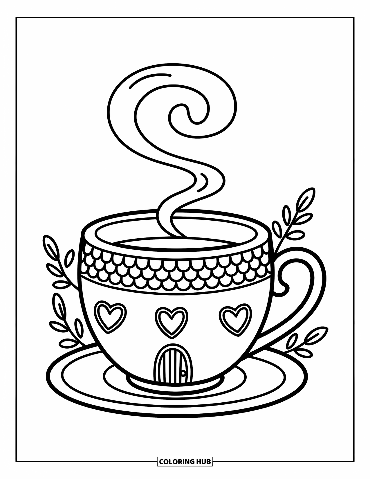 Teacup Coloring Page for Adults: A charming cottage teacup with vines and a swirly chimney gives a fairy tale feel
