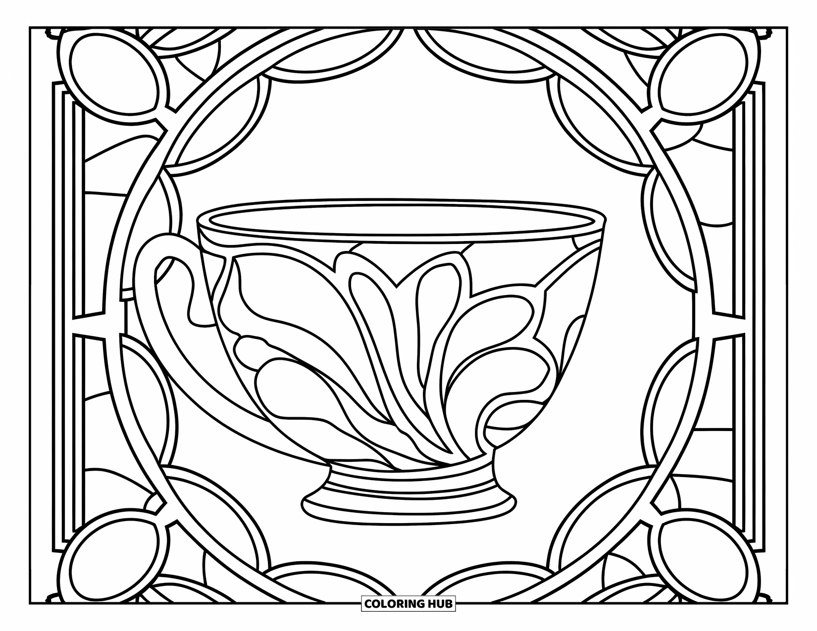 Teacup Coloring Page for Adults: A curvy teacup sits within petal-like stained glass shapes