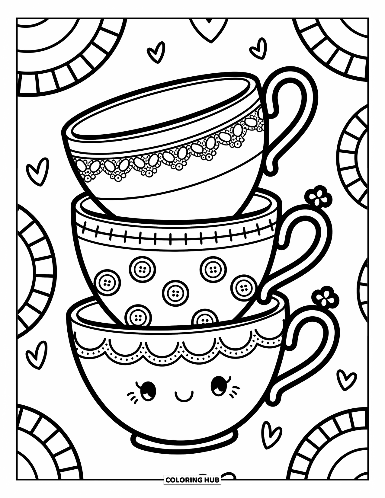 Teacup Coloring Page for Adults: A cute teacup stack with lace and buttons sits in a soft and inviting doodle