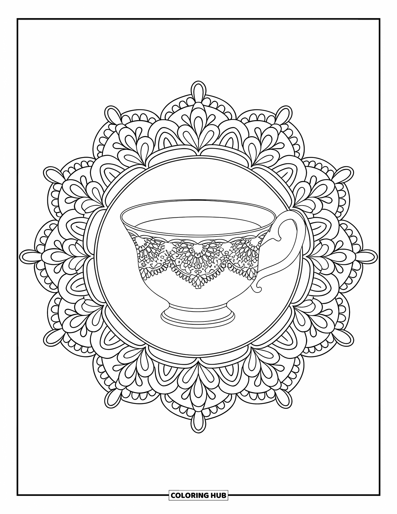 Teacup Coloring Page for Adults: A delicate china teacup with filigree sits at the center of a lace mandala