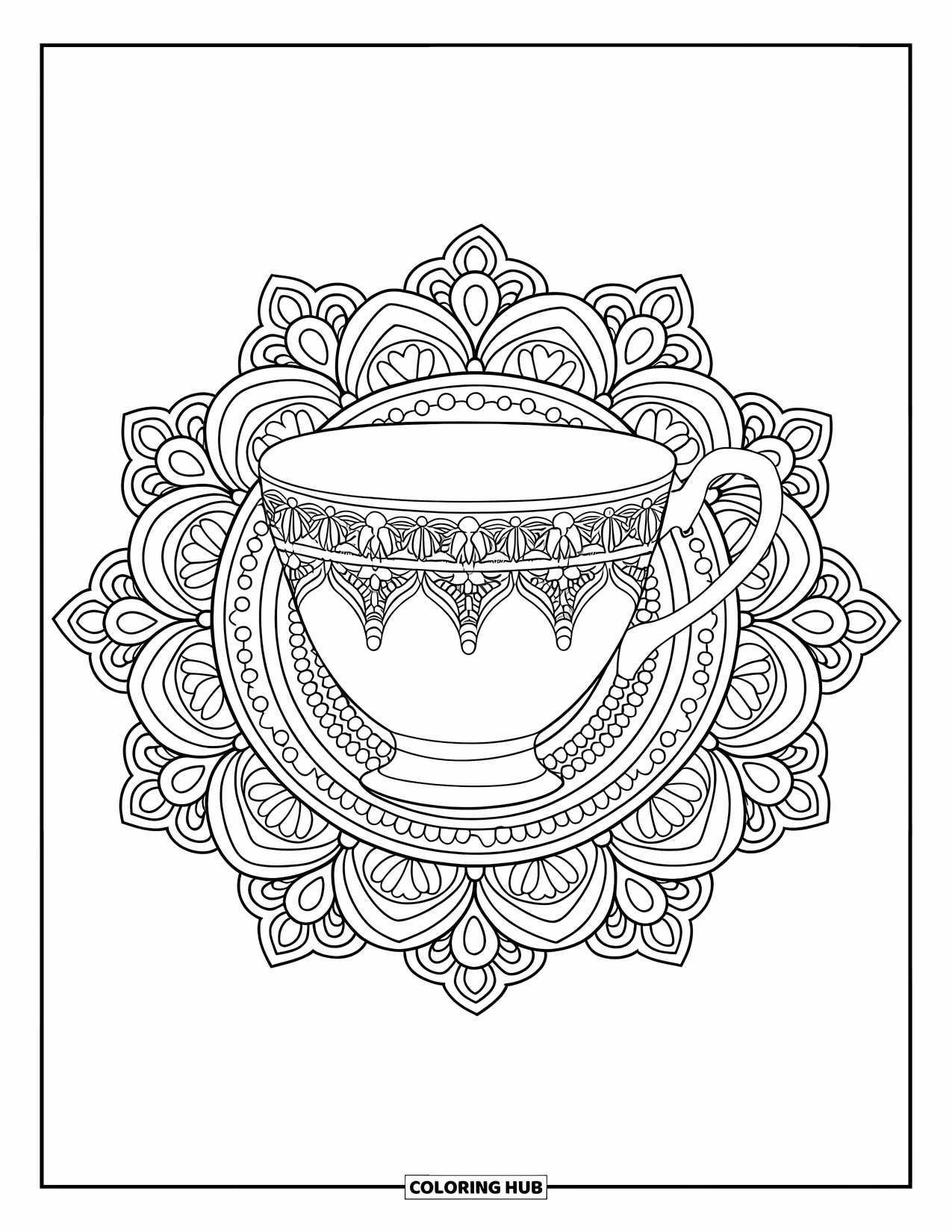 Teacup Coloring Page for Adults: A fancy teacup with filigree design sits beautifully inside a lace mandala