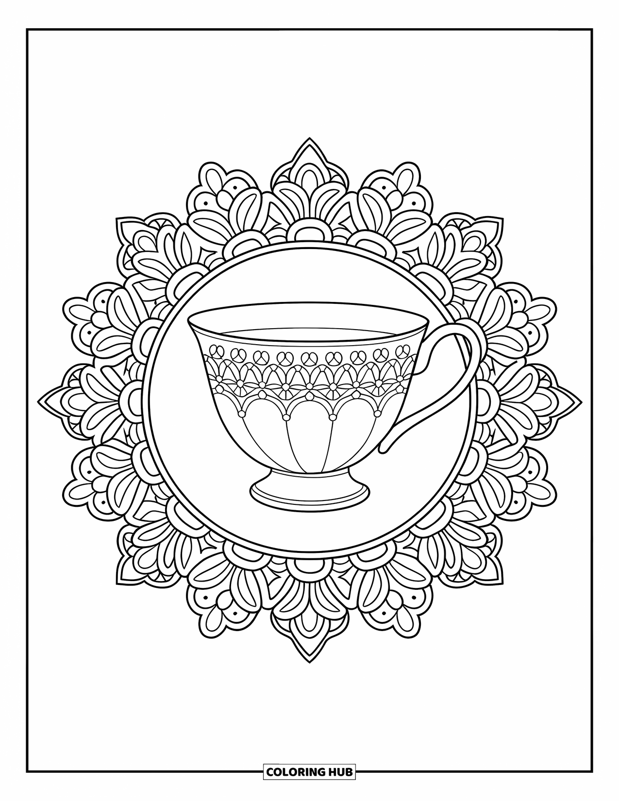 Teacup Coloring Page for Adults: A fine china teacup with filigree rests inside a full-page lace mandala