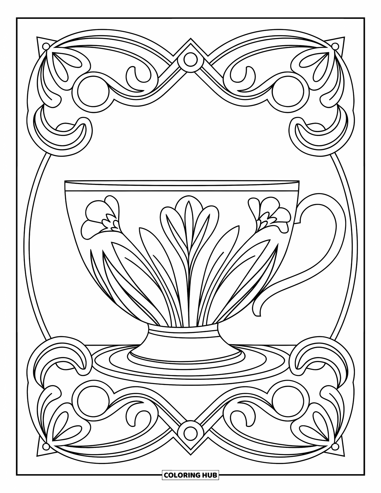 Teacup Coloring Page for Adults: A floral tulip teacup rests inside swirling patterns on a blank background