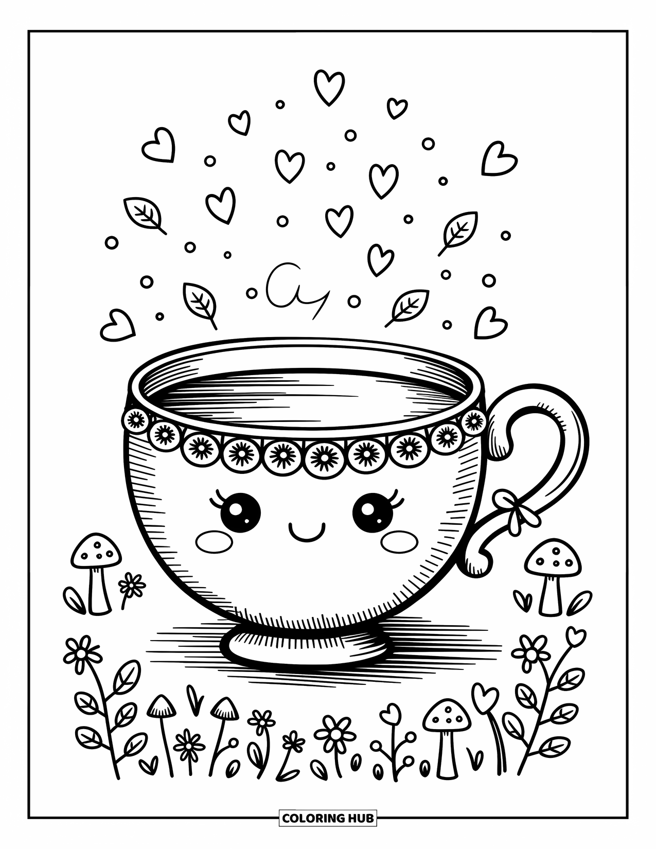 Teacup Coloring Page for Adults: A frilly teacup with a bow handle is surrounded by hearts and cozy little details