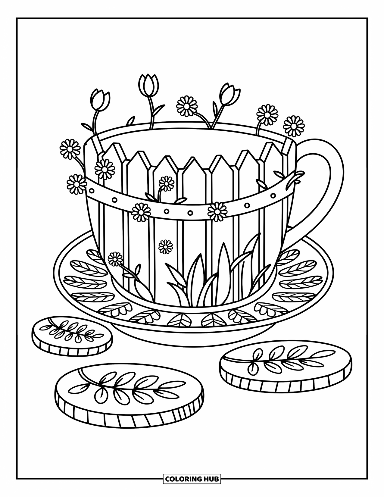Teacup Coloring Page for Adults: A garden teacup with vines and flowers sits on a saucer shaped like stepping stones