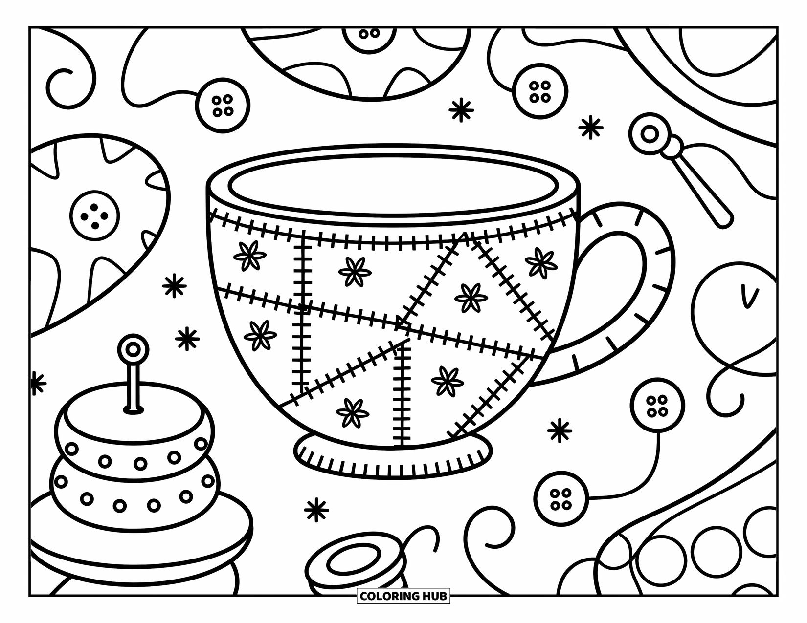 Teacup Coloring Page for Adults: A patchy teacup with thread lines sits beside playful sewing items and soft shapes