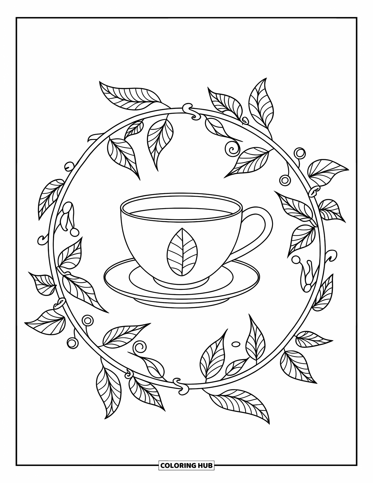 Teacup Coloring Page for Adults: A simple leaf teacup is surrounded by a gentle botanical vine mandala