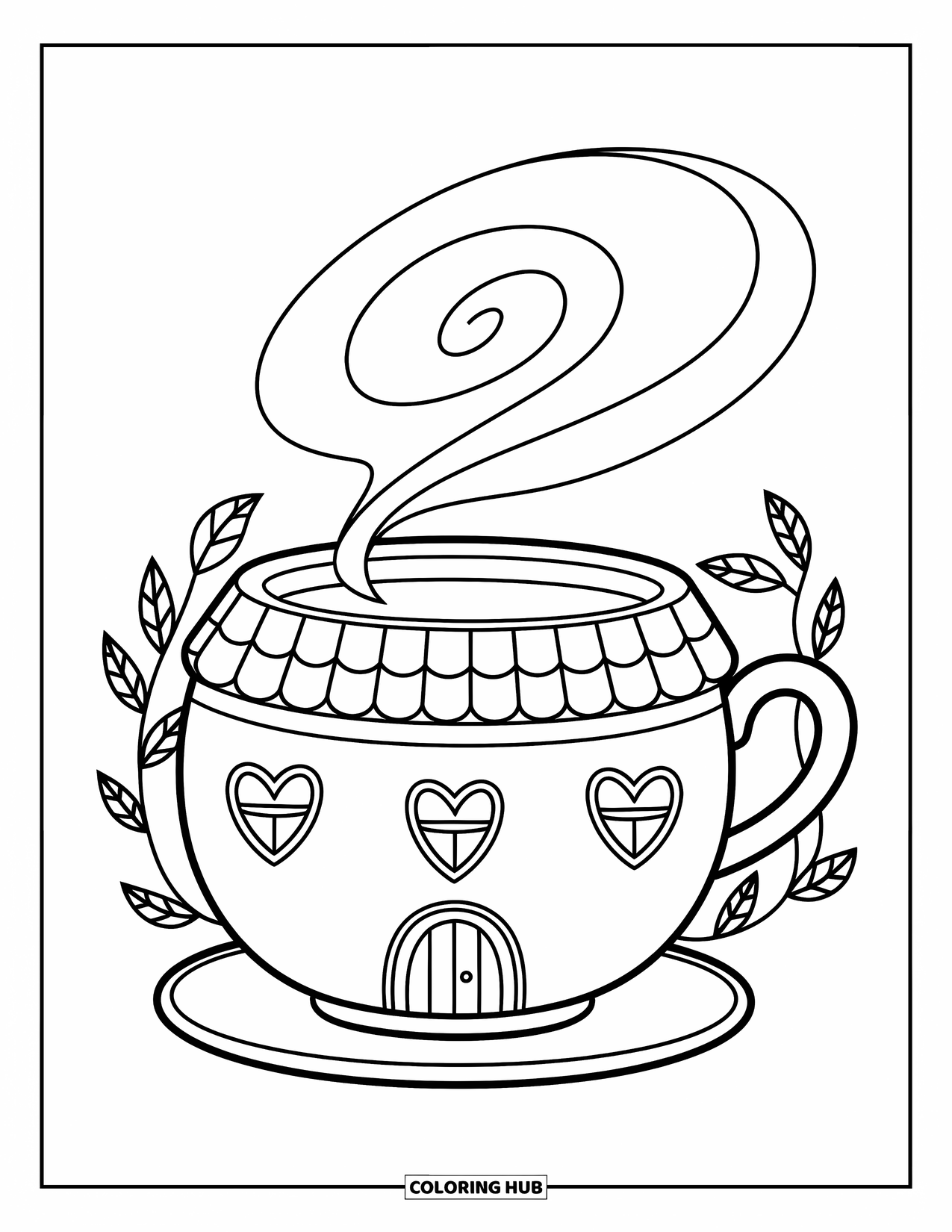 Teacup Coloring Page for Adults: A teacup shaped like a cozy cottage has heart windows, vines, and swirly steam