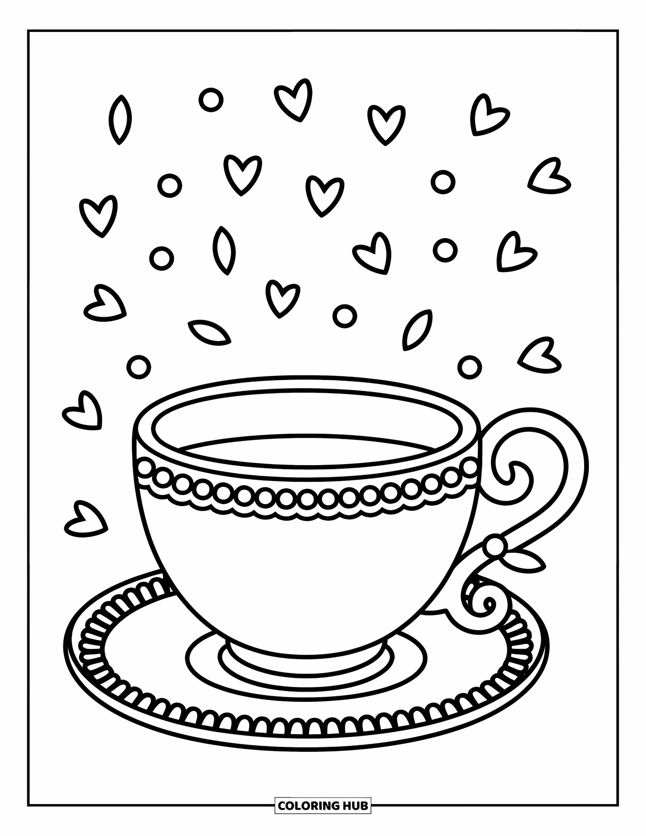 Teacup Coloring Page for Adults: A teacup with a flower trim and bow handle is sprinkled with petals and tiny hearts
