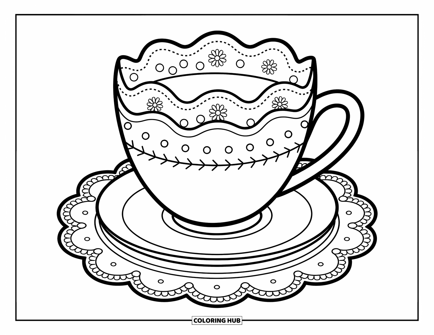 Teacup Coloring Page for Adults: A teacup with scalloped tiers and patterns rests on a doily with a warm feel