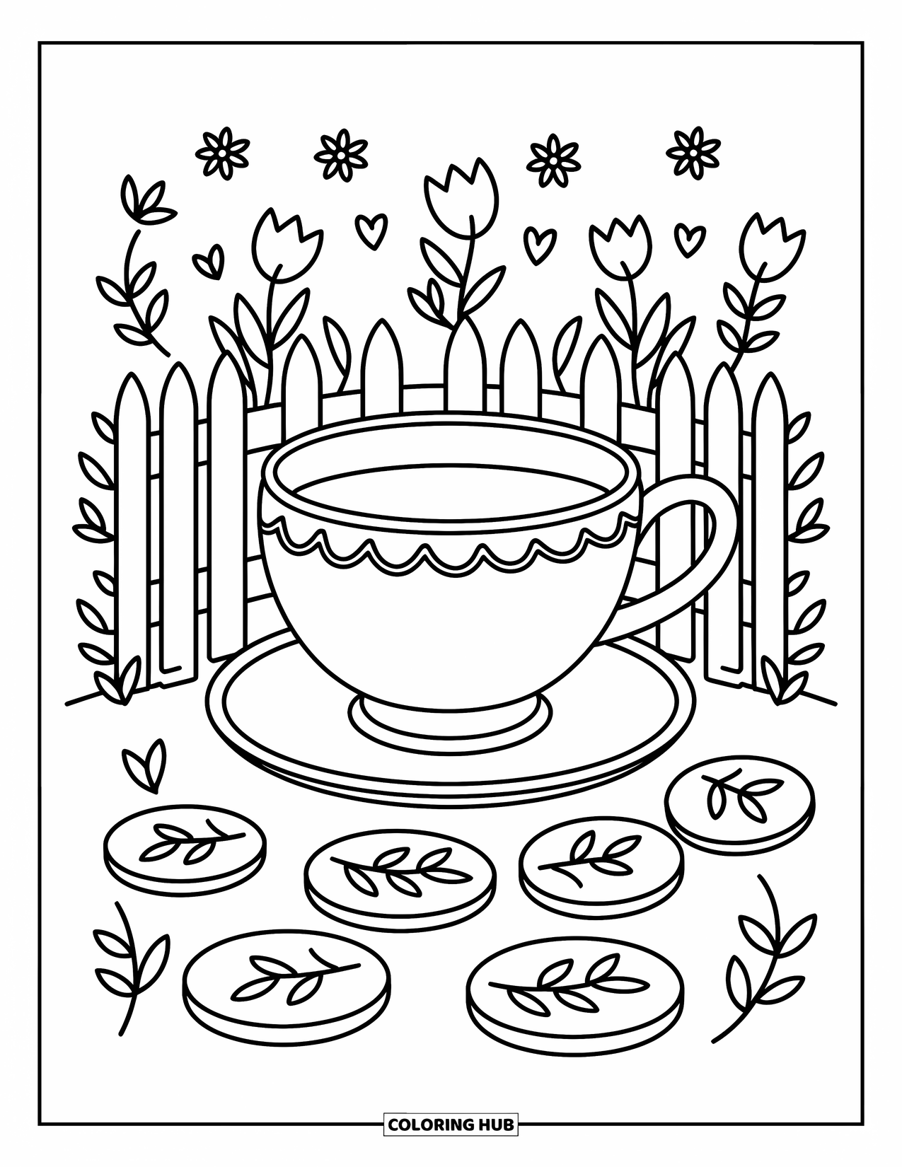 Teacup Coloring Page for Adults: A teacup wrapped in a picket fence shows flowers and vines peeking through