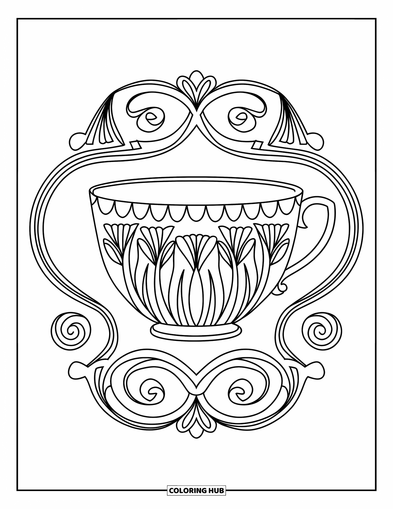 Teacup Coloring Page for Adults: A tulip-shaped teacup with floral etching sits inside fancy swirling patterns