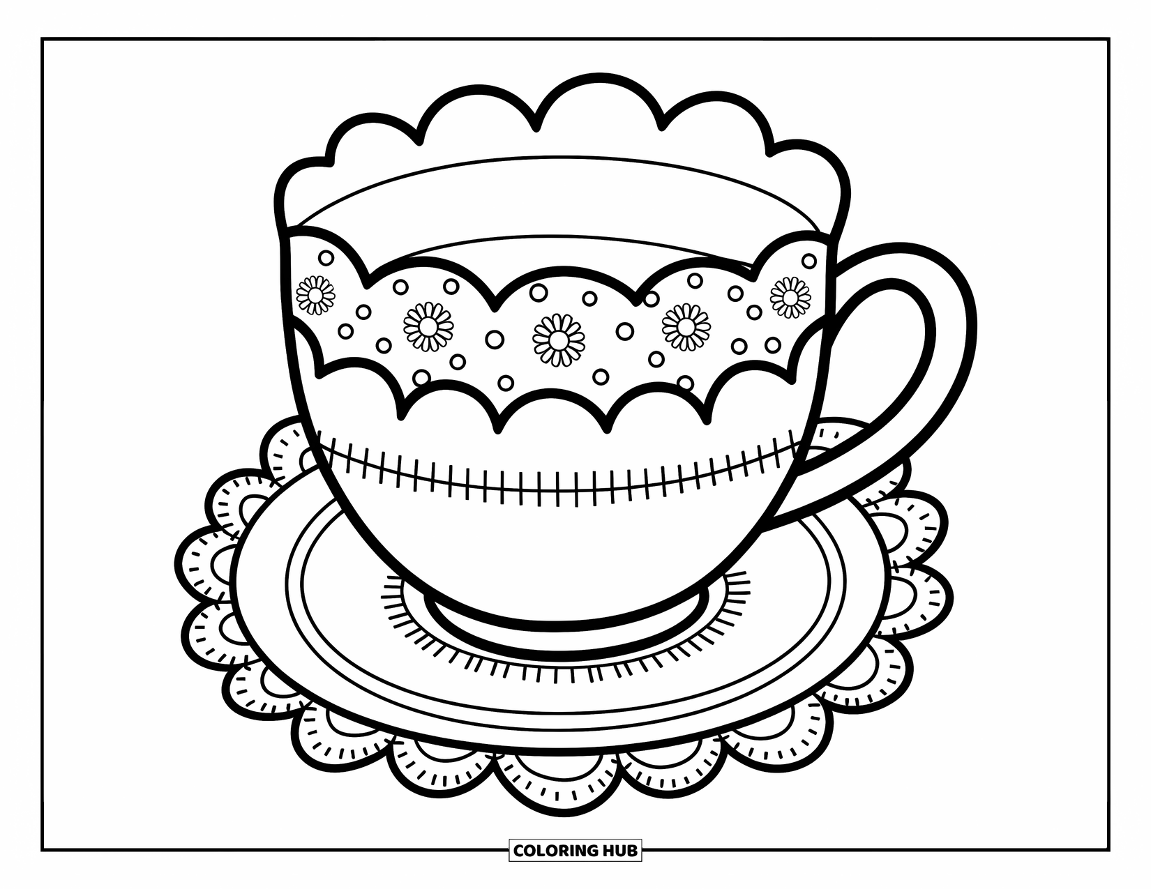 Teacup Coloring Page for Adults: A whimsical teacup with cute patterns and a doily creates a soft, homey vibe