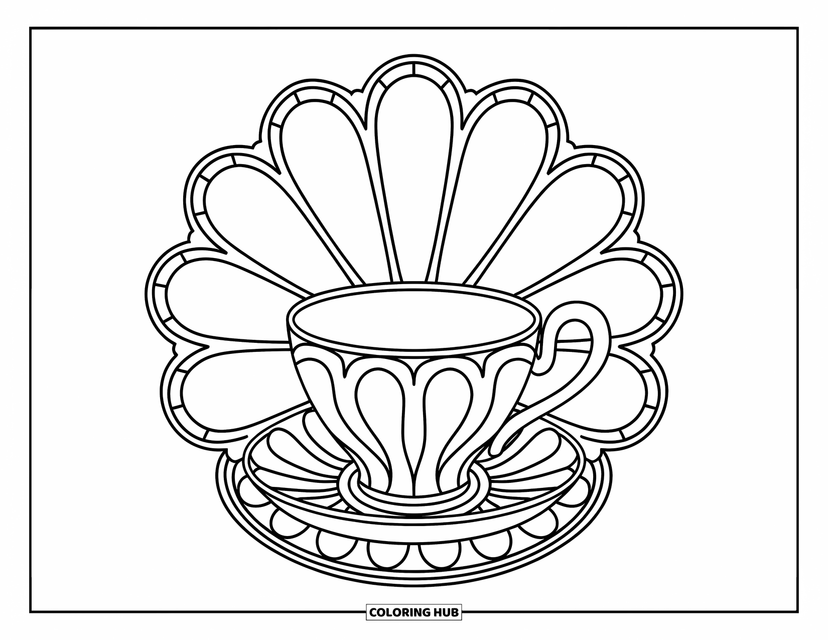 Teacup Coloring Page for Adults: An elegant teacup with artful curves rests inside stained glass petals