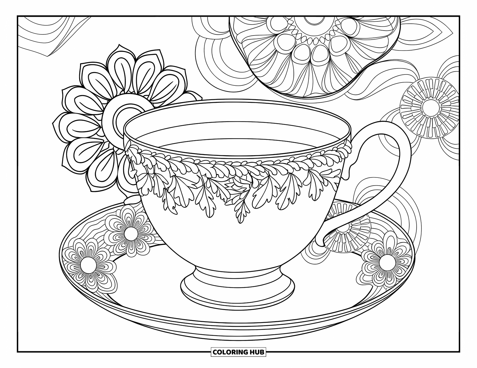 Teacup Coloring Page for Adults: An ivy-trimmed teacup is surrounded by soft floral mandalas on a blank background
