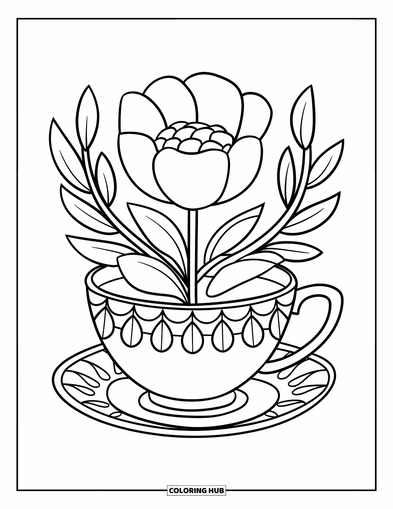 Teacup Coloring Page for Kids: Bold-flowered teacup with clean outlines
