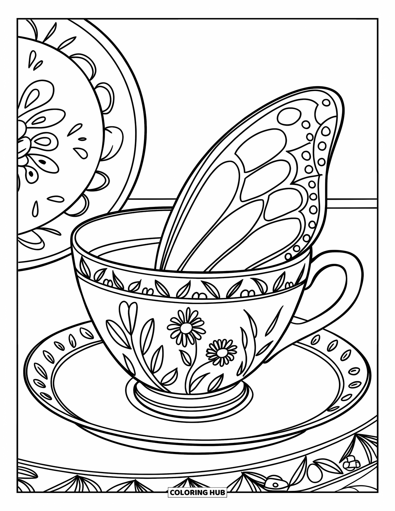 Teacup Coloring Page for Kids: Butterfly rim teacup with floral plate on white background