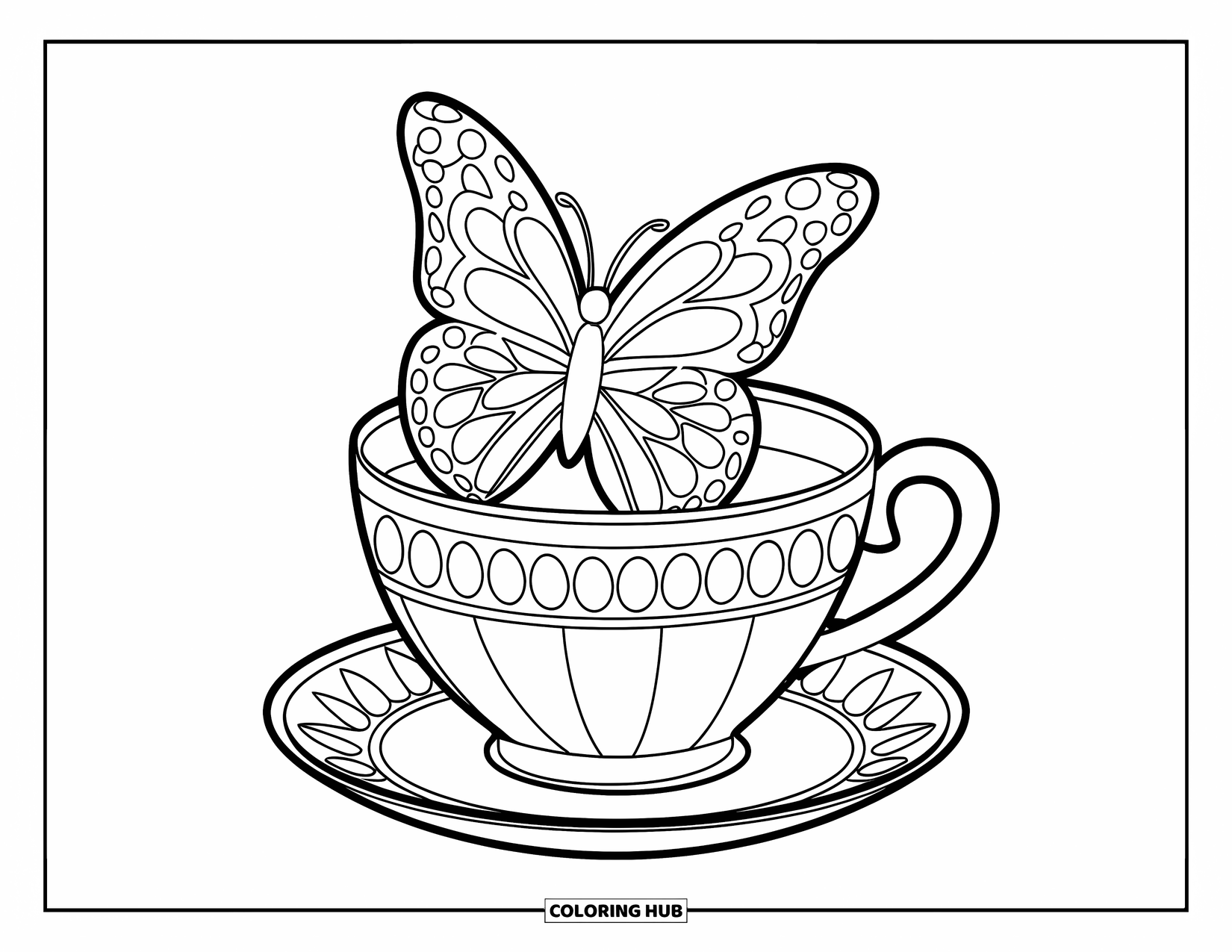 Teacup Coloring Page for Kids: Butterfly-rimmed teacup with simple background