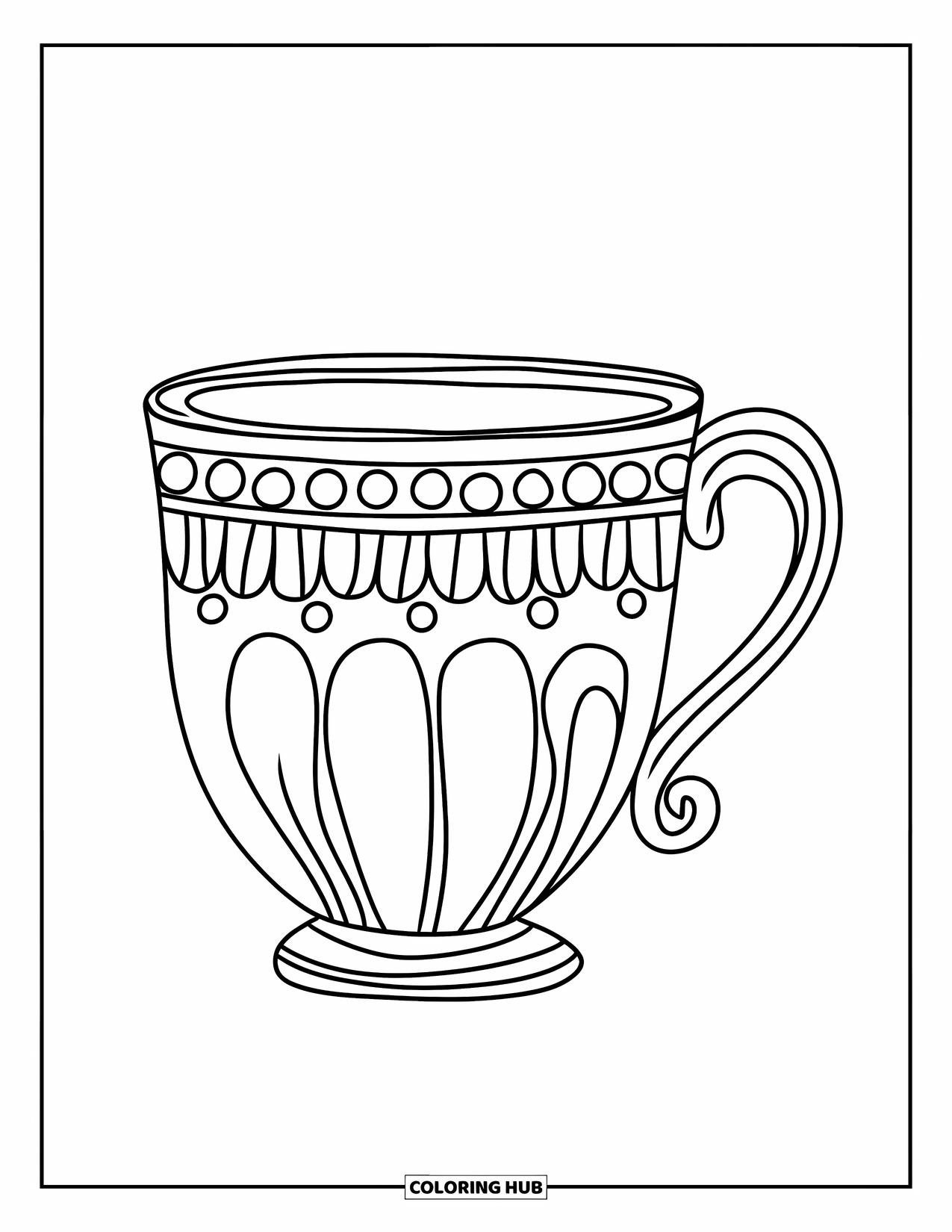 Teacup Coloring Page for Kids: Curved-handle teacup with dots and simple design