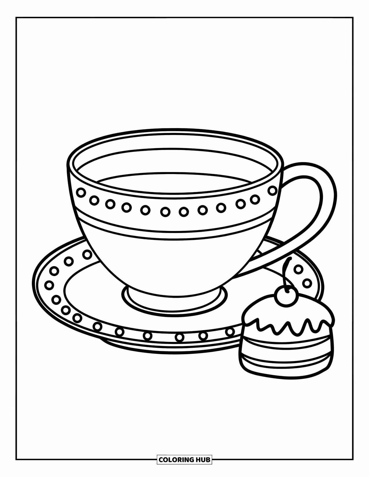 Teacup Coloring Page for Kids: Dotted scalloped teacup beside a small cake with cherry