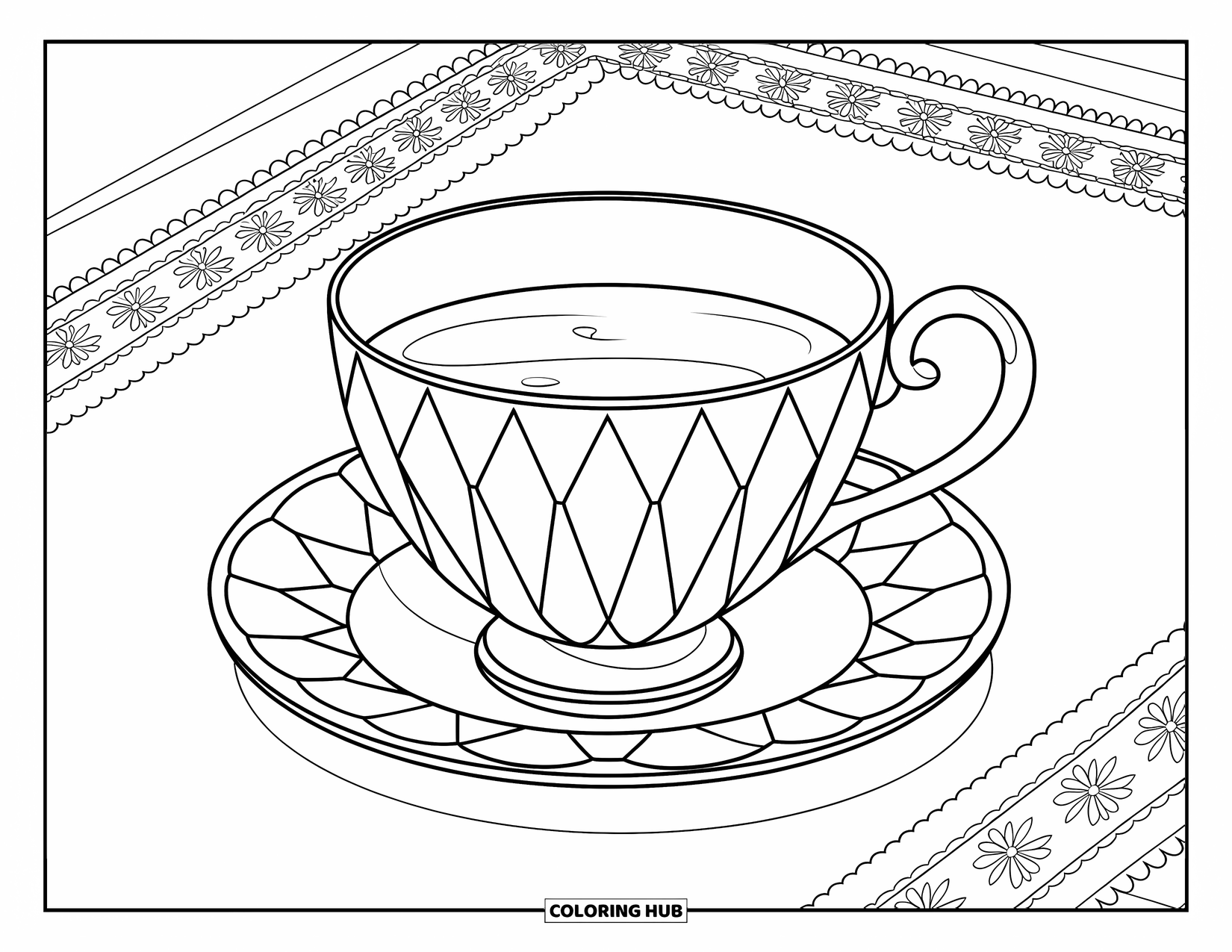 Teacup Coloring Page for Kids: Faceted teacup on floral saucer and lace doily