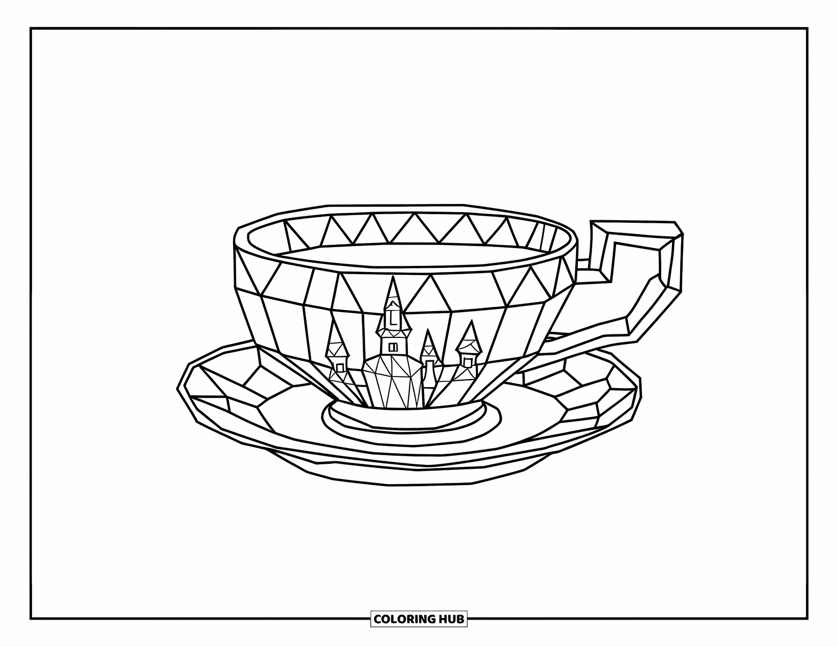 Teacup Coloring Page for Kids: Faceted teacup reflecting a castle scene