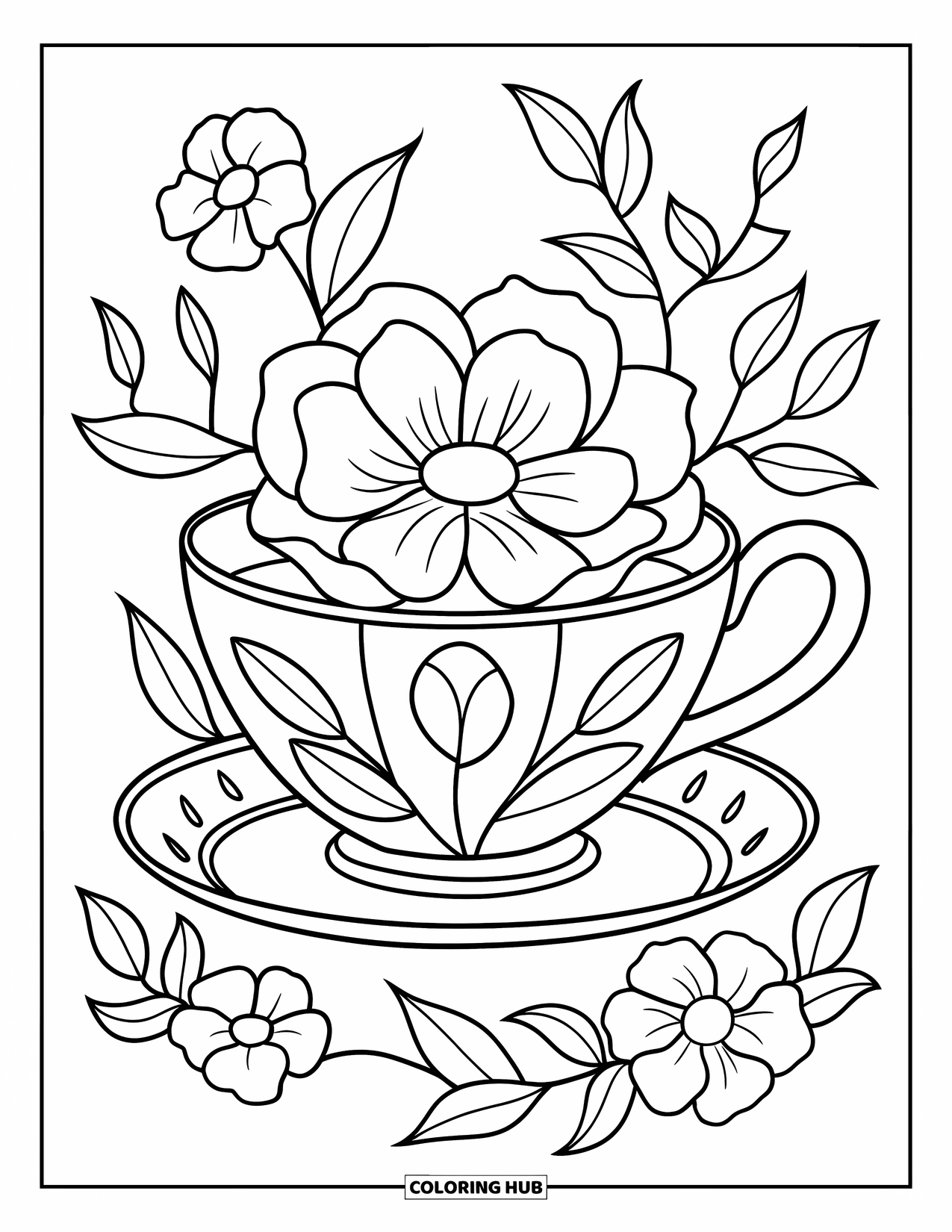 Teacup Coloring Page for Kids: Floral teacup on saucer with background flowers and leaves