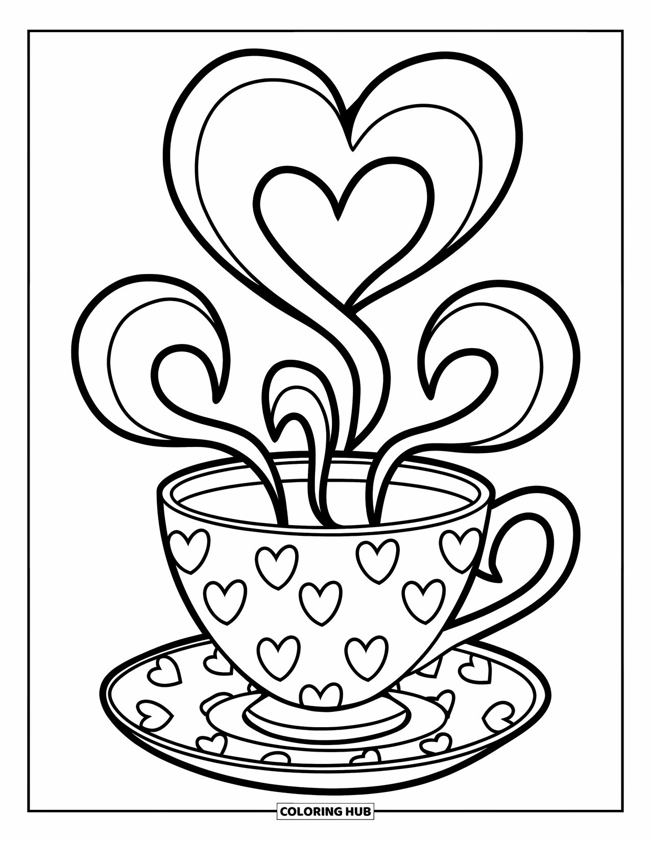 Teacup Coloring Page for Kids: Heart-patterned teacup with bold swirly steam