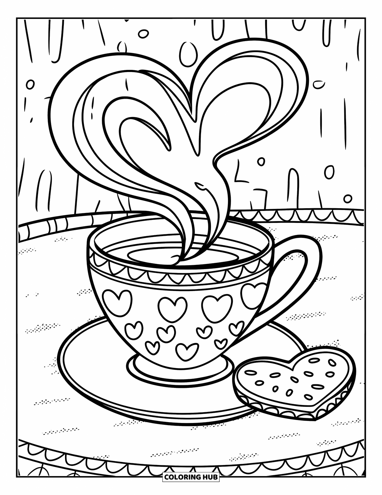 Teacup Coloring Page for Kids: Heart teacup with cookie and playful swirls
