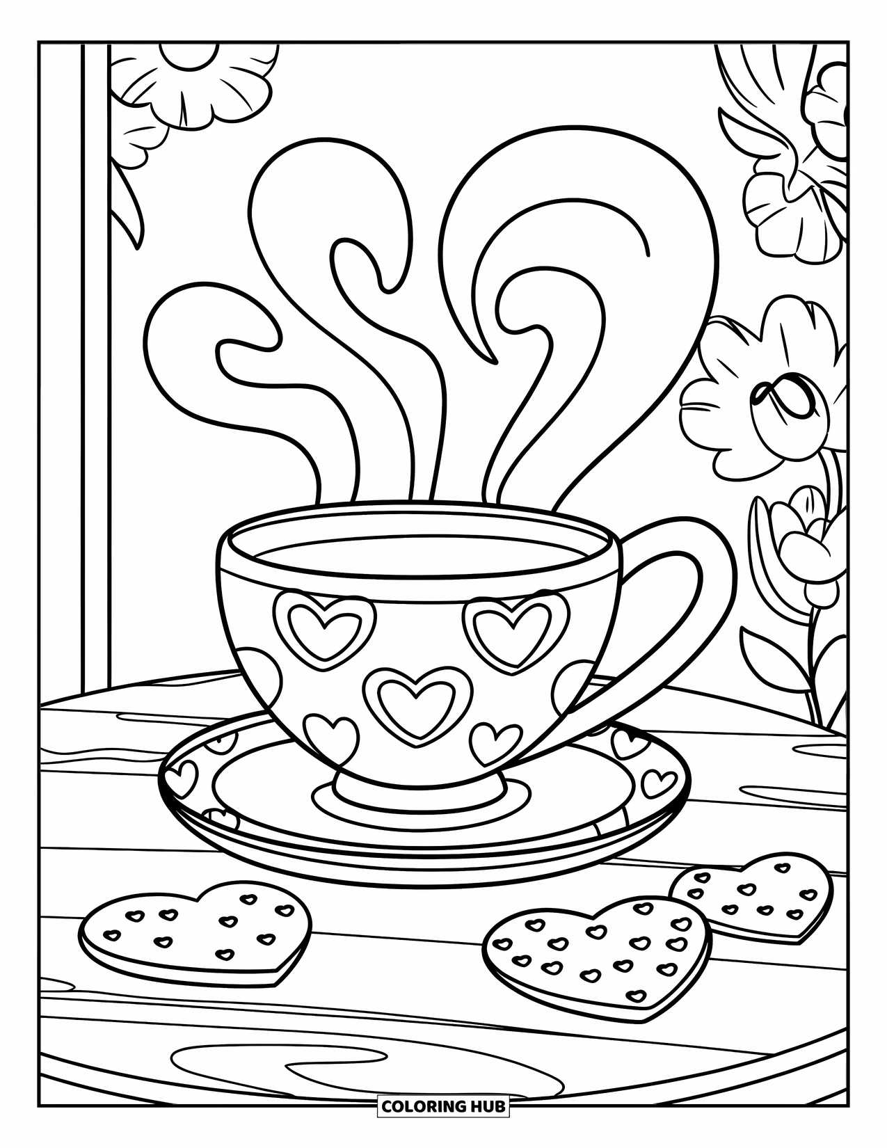 Teacup Coloring Page for Kids: Heart teacup with cookies and swirls on a wooden table
