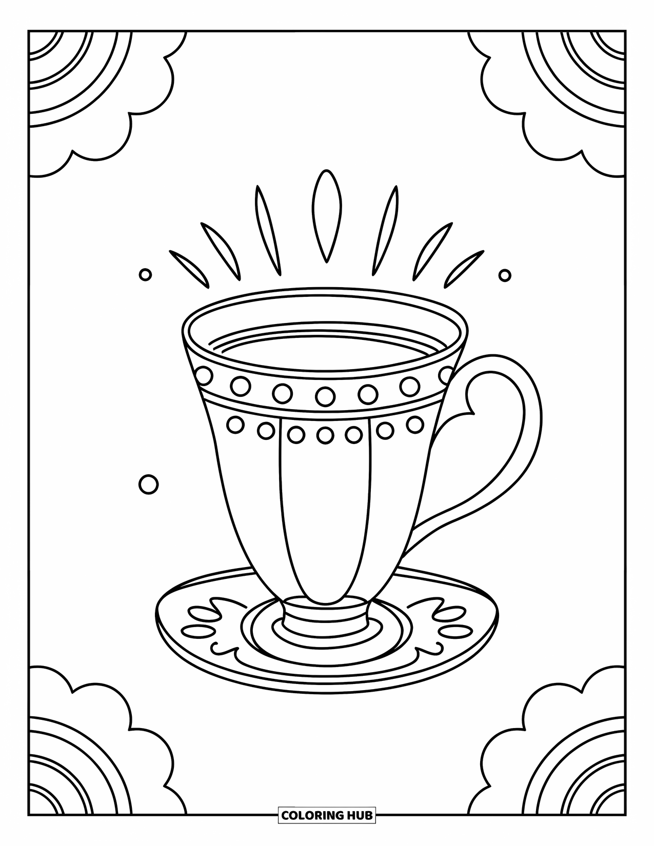 Teacup Coloring Page for Kids: Minimalist tall teacup with line accents and white background