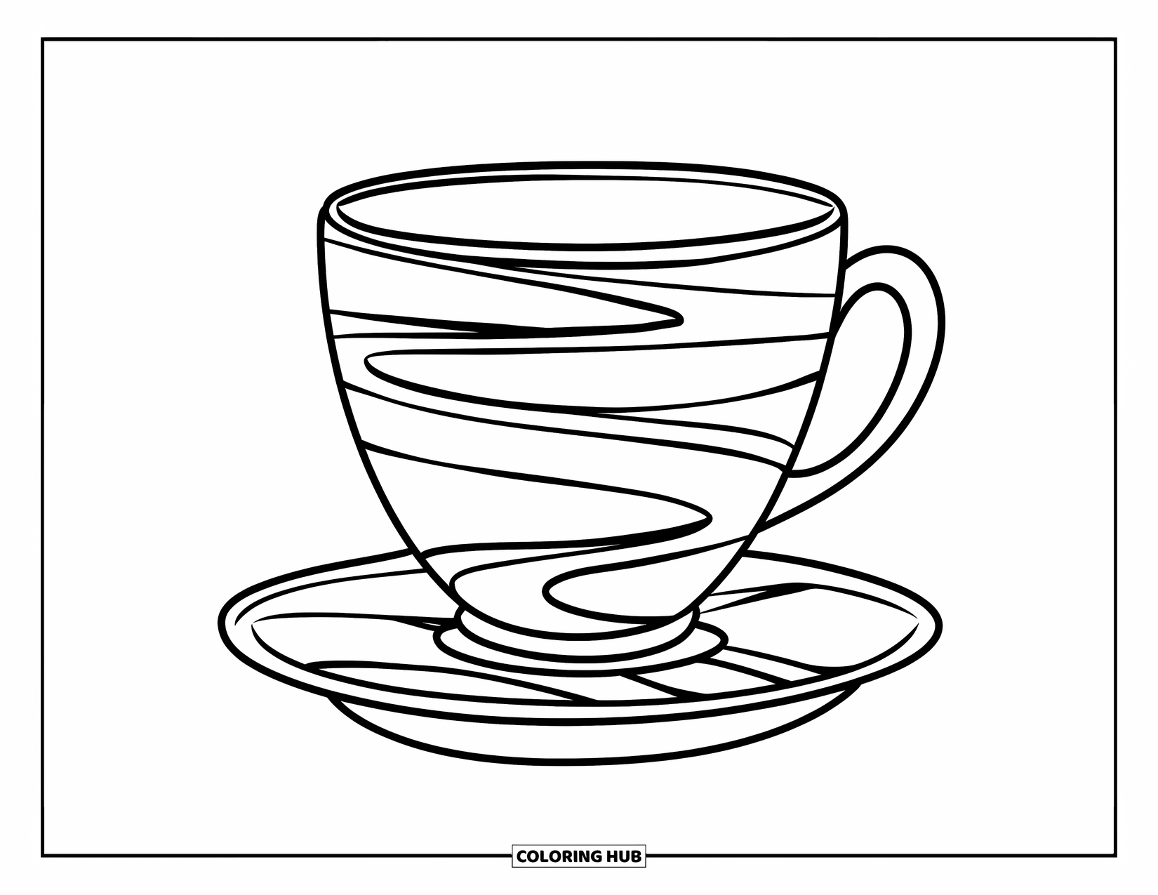 Teacup Coloring Page for Kids: Plump teacup with bold wavy lines on a saucer