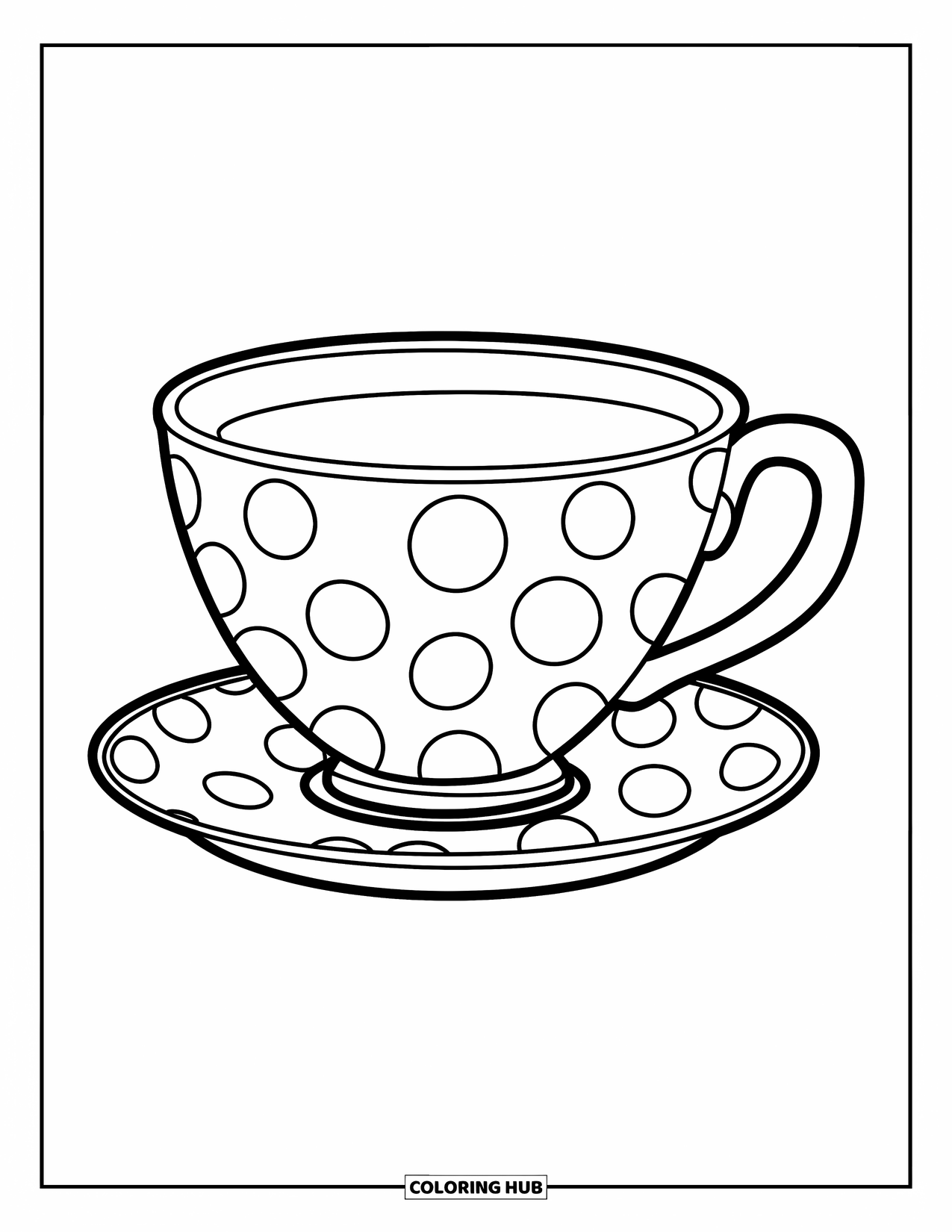 Teacup Coloring Page for Kids: Simple polka dot teacup with thick handles on a saucer