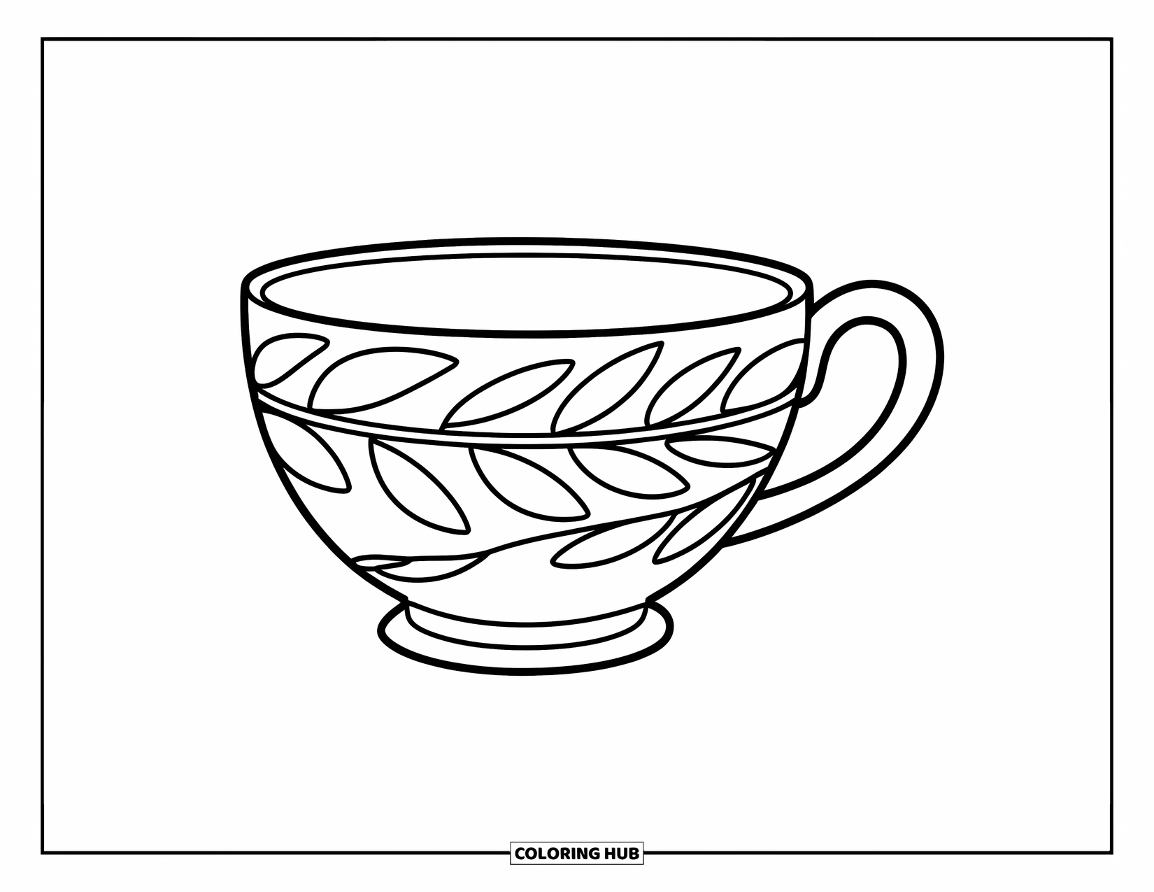 Teacup Coloring Page for Kids: Simple teacup with leaf etchings and bold outline