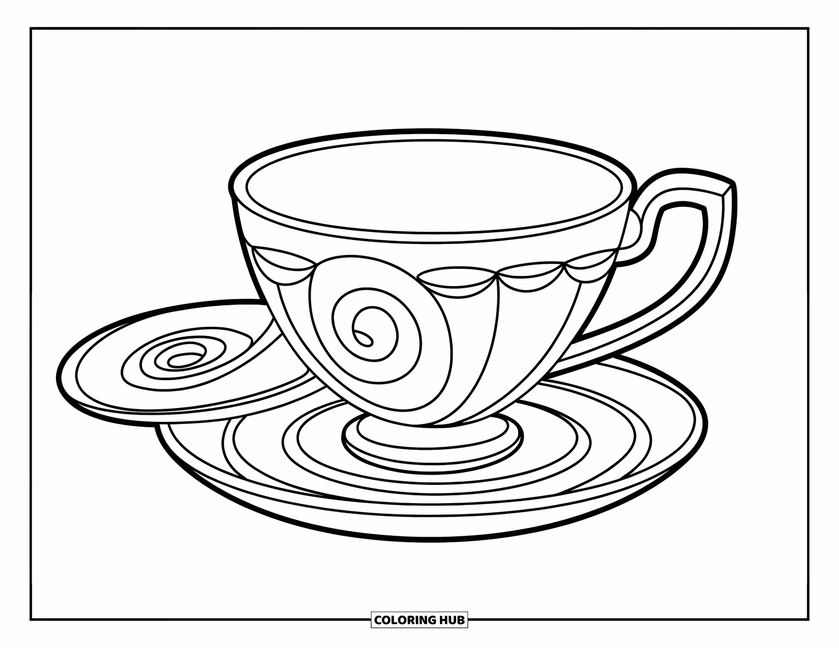 Teacup Coloring Page for Kids: Spiral teacup on saucer with a matching spiral plate