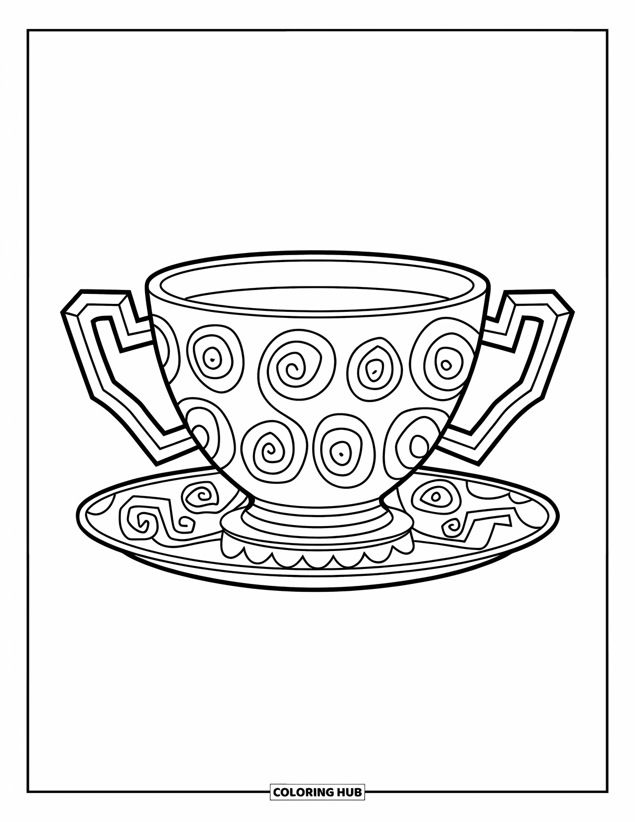 Teacup Coloring Page for Kids: Square-bottom teacup with spirals on matching saucer