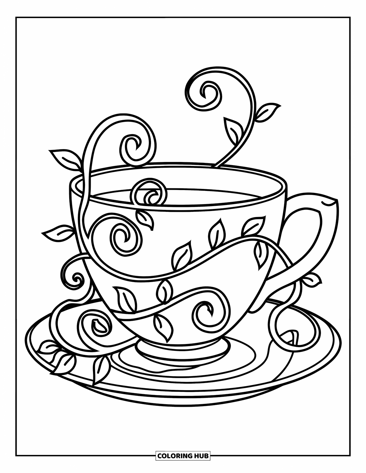 Teacup Coloring Page for Kids: Swirly vine teacup with bold outlines on white
