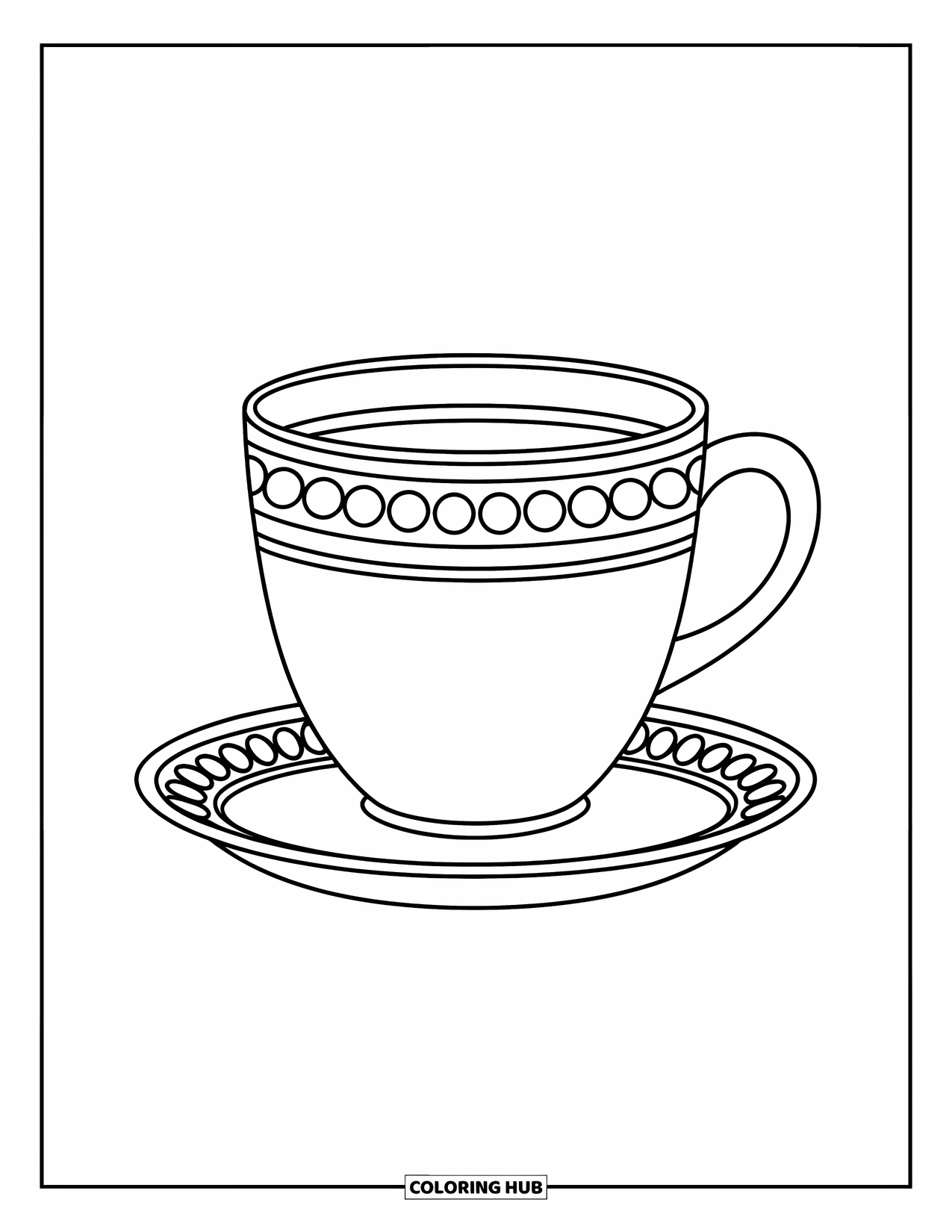 Teacup Coloring Page for Kids: Tall teacup with minimalist line art and dots